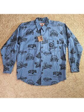 NWT True Grit Button Up Shirt Mens Large Blue Beer Logo Made in USA Vintage
